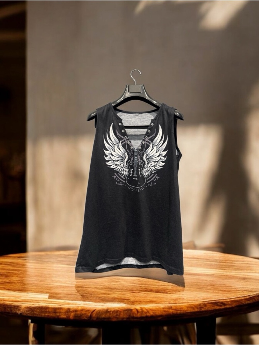 Sleeveless Black Graphic Tee with Winged Guitar Print